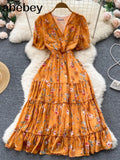 Print Dress Women Summer Sexy Beach Boho Midi Dresses Short Sleeve 2022 Ladies Vintage Elegant Party Dress Vacation