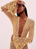 2025 New Temperament V-Necked Liangs Sleeve Knitted Long