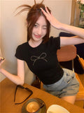Toloer Summer Hot Girls Short Sleeve T-Shirt Women's Crop Black Bow Hot Diamond Slim Short Top