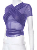 Mesh Sheer See Through Short Sleeve T-shirts Top for Women Summer Y2K O-neck Slim Fit Criss-cross Lace-up Tees Shirts-Outfit