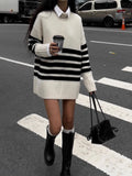 Women's Loose Lazy Black And White Striped Sweater With Long Knitted Shirts In The