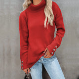 Toloer And Winter New Striped High Leader Mouth Button Sweater Solid Color Casual Loose Plus Size Sweater Woman-Outfit