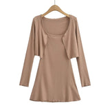 Trend Women's Fungus Edge Cardigan Short Style Long-Sleeved Coat Suspender Body-Stylish Dress Two-Piece Suit-Outfit