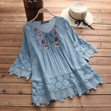 Cotton Linen Stitching Lace Elegant Solid Color V-neck Loose Women's