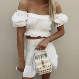2025 New Fashion Leisure Holiday Bubble Sleeve T-Shirt + White Embroidery Shorts Set For