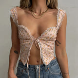 Women Y2K Fairy Low-Cut Sling Floral/Dot Lace-Trimmed Tie-Up Cardigan Short Tops Spaghetti Strap Sleeveless Cami Tops-Outfit