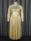 Summer New Elegant One-Shoulder Sleeveless Dress Dress Banquet Of Gold Folds Dress