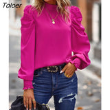 Collar Puff Sleeve Pullover Blouse Women Pleated Vintage Elegant Green Blosues Women Loose Autumn Fuchsia Shirt Tops