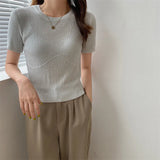 White Knitted Bottom T-Shirt Hottie New Ice Silk Short-Sleeved Woman Design Slim Short Thin