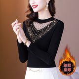 Toloer Photo # Autumn / Winter Long Sleeve And Velvet Top Women's High-End T-Shirt With A Versatile Lace Bottom Shirt-Outfit