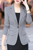 Button Blazer Women Jacket Slim Fit Office Lady Blazers Coat Chic Plaid Outerwear Female Pockets Jackets Fashionable