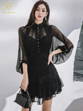 Han Queen 2024 Spring New In Dresses Elegant And Pretty Vintage Black Short Dress Women Simple Chiffon Casual Party Vestidos-Outfit