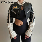 SUCHCUTE Moto Long Sleeve Patchwork Women's Black Crop Jacket Letter Print Fashion Casual Punk Style Coats Jackets Gothic