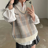 2022 New Autumn Plaid Striped Sleeveless Sweater Vest for Women Knitting V-Neck Casual Loose Ladies Female Tank