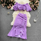 Women Summer Korean Dot Vacation Set Elastic Ruched Puff Sleeve Short Tops+Irregular Ruffle Long Skirt Two Piece