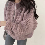 2022 Fall Winter Solid Color Retro Jumper Stand-up Collar Long Sleeve Zipper Sweater Jacket Women All Match Loose Knit