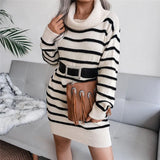 Autumn Knitted Striped Turtleneck Women Sweater Dress Black Long Sleeve Basic Dress Women Winter Fashion Casual