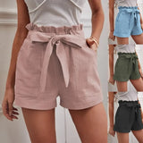 2025 Summer Women's Loose Flax Leisure Shorts Pocket Solid Colored High-Rise Broad