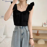 Care Machine Sling Women's Summer New Vest Solid Color Bow Tie With Short Lotus Leaf Tops