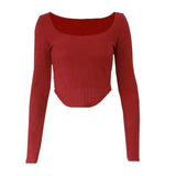 Toloer Women's Sexy Slim U Collar Pit Long-Sleeved T-Shirt Autumn Hot Style Simple Versatile Top-Outfit
