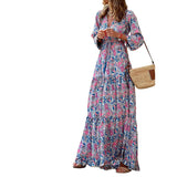 Toloer 937 Spot Women's Wear Fall 2023 New Fashion V-Neck Long Sleeve Medium Long Bohemian Dress-Outfit