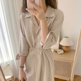 Chic Minimalist Versatile Lapel Single Breasted On Band Waist Lower Slit Shirt Dress Woman-Outfit