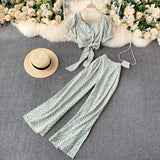 Women Autumn Bohemian Floral Set V Neck Puff Sleeve Short Top+Sexy Split High Waist Wide Leg Long Pants Two Pieces