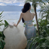 Romantic Hanging Neck Style Rose Flower Hollow-Out Dress Elegant Sexy Strapless Slim Dress-Outfit