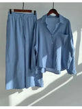 Linen Shirts Wide Leg Elastic Waist Pants Women Casual Sets Elegant Loose Long Sleeve Lapel 2023 Autumn Shirt Y2k Suit-Outfit