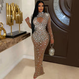 Fashion Women's Round Collar Hot Diamond Long Dress New-Outfit