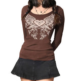 Women Gothic T-shirts Crop Tops Fall Winter y2k Clothes 2024 Fashion Classic Slim Long Sleeve Print Streetwear Tops-Outfit