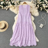 2022 Summer New Lace Embroidery Dress Women Sleevelesss Dresses Female Vintage Party Beach Maxi Long