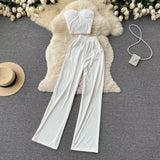 Toloer Strapless Short Top High Waist Casual Loose Wide Leg