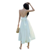 Retro Satin Sexy Super Fairy White Sling Dress Seaside Holiday Wind Dew Back Beach Dress Female Summer-Outfit