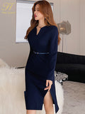 Han Queen New V-Neck Split Vintage Vestidos Simple Chic Work Wear Dress Women Office Bodycon Sheath Casual Pencil Dresses-Outfit