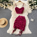 Korean Style Women Set Summer 2022 V Neck Backless Drawstring Sexy Strap Top+ Ladies Mini Skirt Bodycon Two Piece