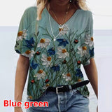 Flower Print T-Shirts Casual 3D Painting Graphic Tops Fashion Short Sleeve Y2K V Neck Female Tees Tshirts Plus Size