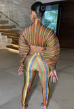 Colorful Striped Puff Sleeve Crop Top and Pants 2pc