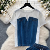 Hong Kong-Flavored Suit Female Design Sense Short-Sleeved T-Shirt Spliced Denim Jacket + High-Waisted Casual Straight Pants