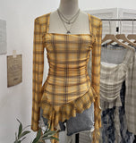 Shooting Collar Low-Breast Sexy Mesh Yarn Long-Sleeved Top Irregular Ribbon To Repair Hottie T-Shirt