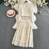 Two Sets Of Femininity Famous Lady Light Luxury Thin Lace Embroidery Nail Studded Dress Skirt