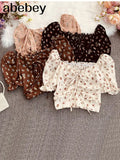 New Summer Fashion All-match V-neck puff sleeve print Shirt drawstring ruched lace up Shirt