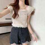 Edge French Style Collar Short Sleeve Small Knitted T-Shirt Girl Summer Sweet Niche Care Machine Short