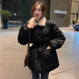 2022 New Korean Winter Coat High Waist Short Women Kawaii Loose Ins Lolita Cropped Parkas Bomber Basic Jacket