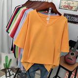 100% Cotton M-6XL T Shirt Solid V Neck Tshirt Short Sleeve Women's Top Basic Summer Couple Oversized T