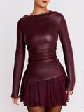 Faux Leather Long Sleeve Ruched Top-Outfit