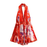 Toloer Summer New Fashion V Collar Sling Sexy Print Hanging Neck Collar Short Dress Woman-Outfit