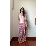And Languid Temperament Short-Sleeved Top High Waist With Loose Pink Striped Broad Leg Trousers