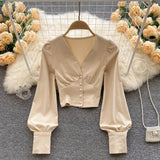 New Spring Shirts Women Elegant Vintage Solid Long Sleeves Slim Tops Fashion Button Sexy Streetwear Short
