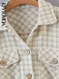 Women Fashion Tweed Plaid Loose Irregular Jacket Coat Vintage Long Sleeve Pockets Female Outerwear Chic